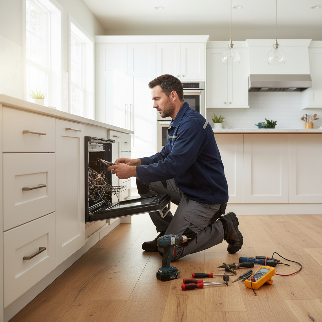 Technician repairing a built-in appliance in a premium kitchen