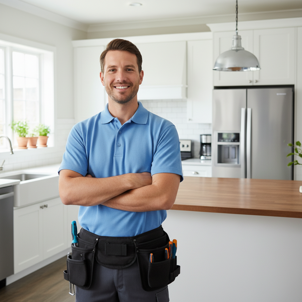 Professional appliance repair technician in a modern kitchen